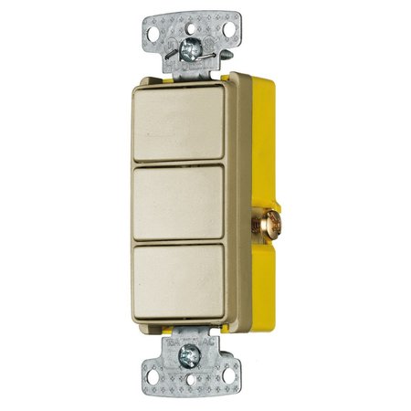HUBBELL WIRING DEVICE-KELLEMS Switches and Lighting Controls, Combination Devices, Residential Grade, Decorator Series, 3) Three Way Rockers, 15A 120V AC, Side Wired, Ivory RCD111I